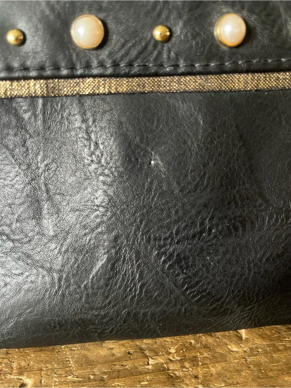 Madden Girl Black Faux-Leather Crossbody with Pearl Studs and Gold Chain